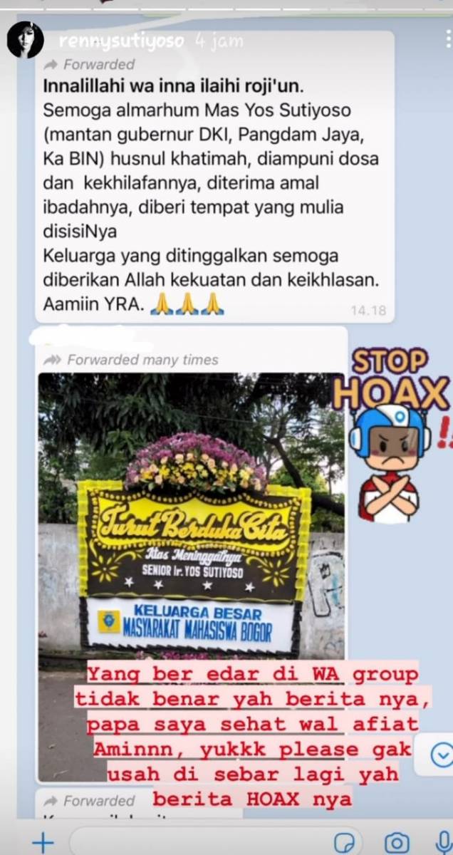 Putri Sutiyoso Pastikan Kabar Meninggalnya Sutiyoso Hoax