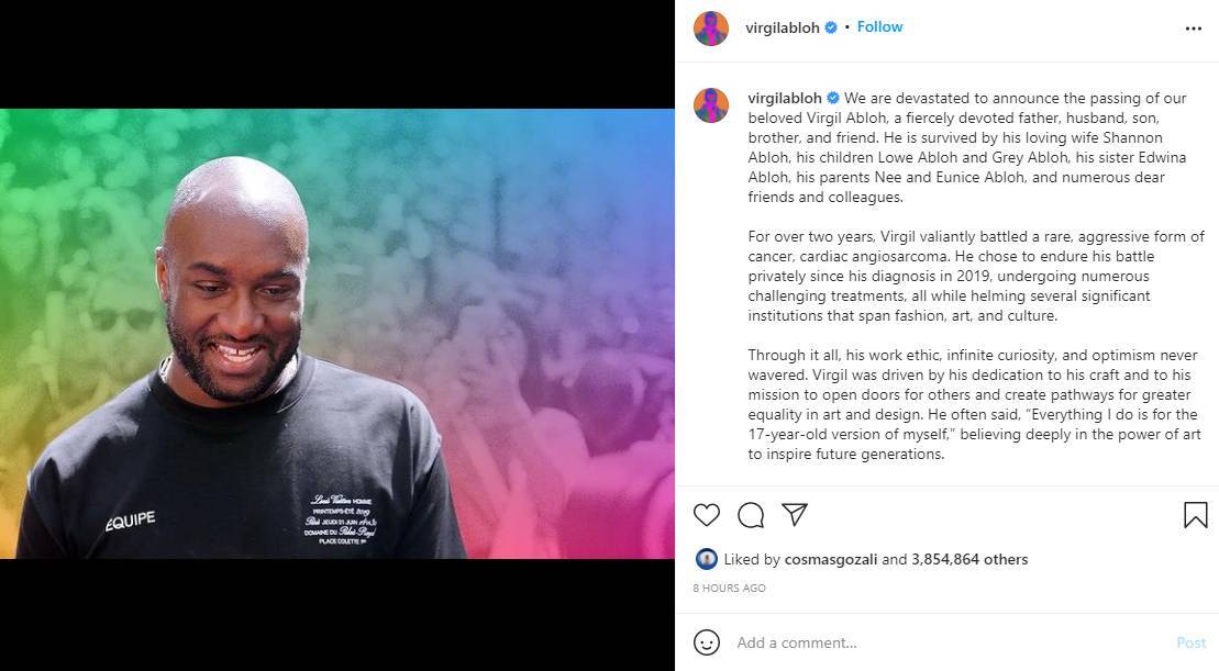 Virgil Abloh Direktur Kreatif Off-White dan LV, Meninggal Karena Kanker