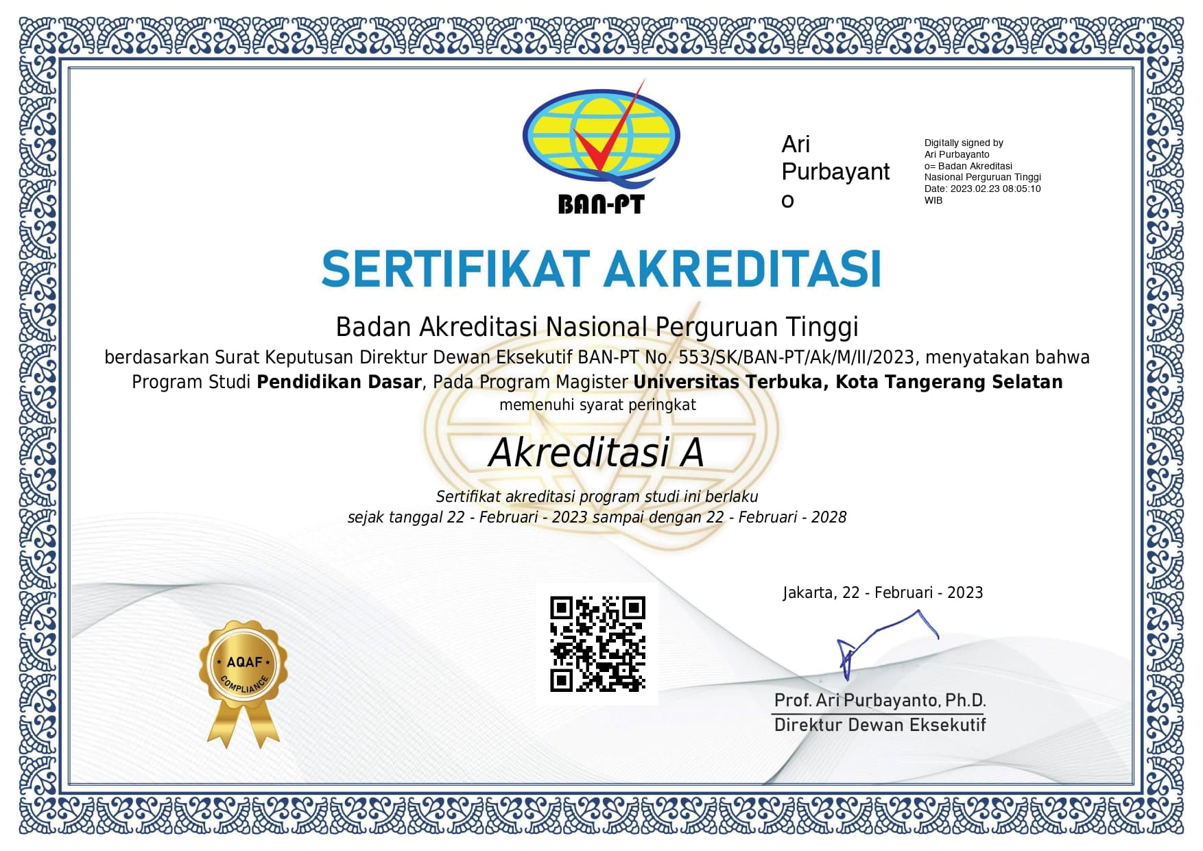 Program Magister Pendidikan Dasar Universitas Terbuka Peroleh Akreditasi A