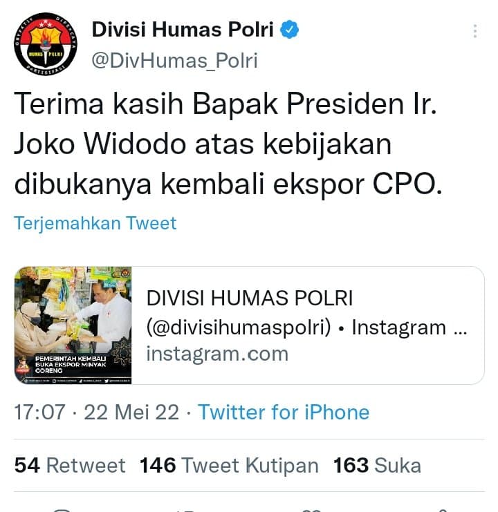 Polri Ucapkan Terima Kasih Kepada Jokowi Soal Dibukanya Ekspor CPO, DPD: Hubungannya Apa?