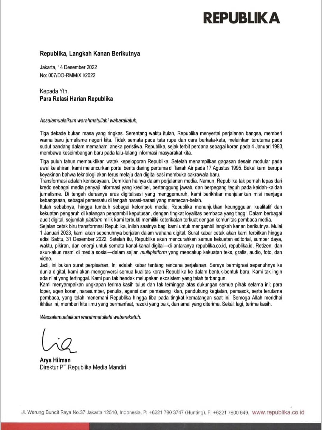 Setelah 30 Tahun Berkarya, Republika Pamit dari Dunia Cetak