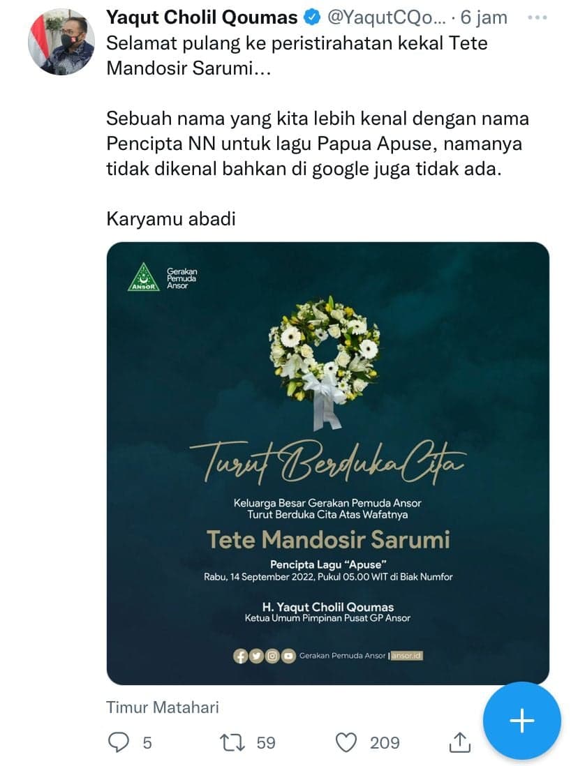 Kabar Duka, Pencipta Lagu "Apuse" Tete Mandosir Sarumi Meninggal Dunia