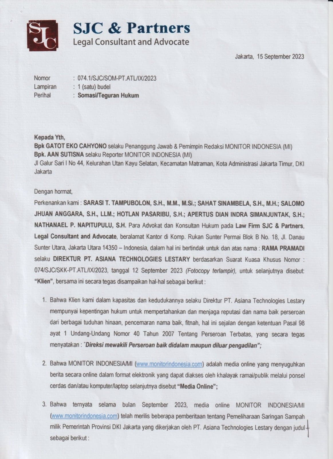 Somasi PT Asiana Technologies Lestary Atas Pemberitaan Saringan Sampah Jakarta
