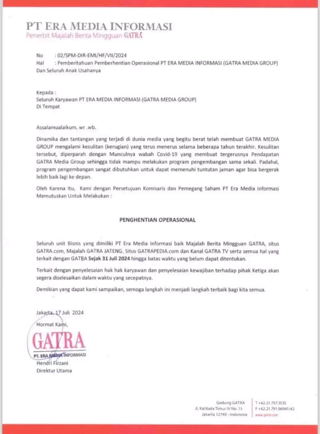 Penghentian Operasional Gatra Media Group