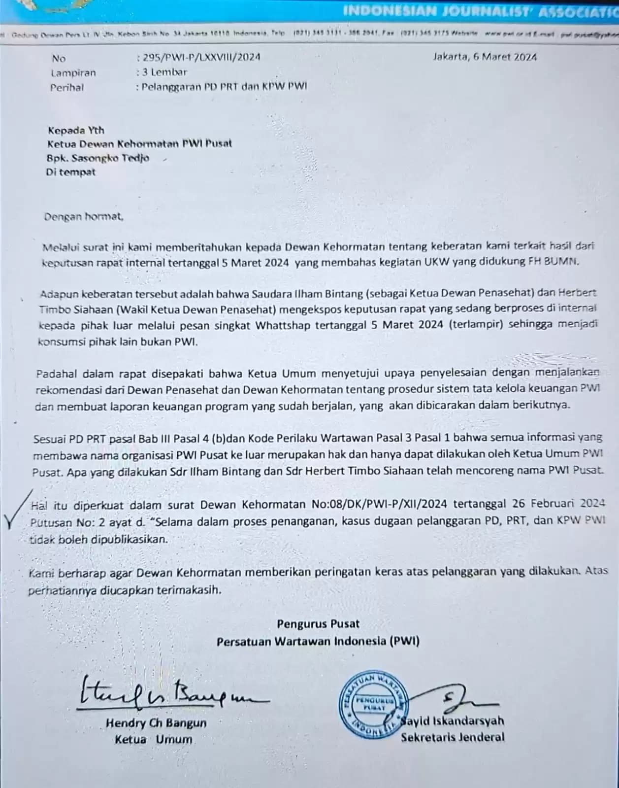 Surat Internal PWI Pusat ke Dewan Kehormatan