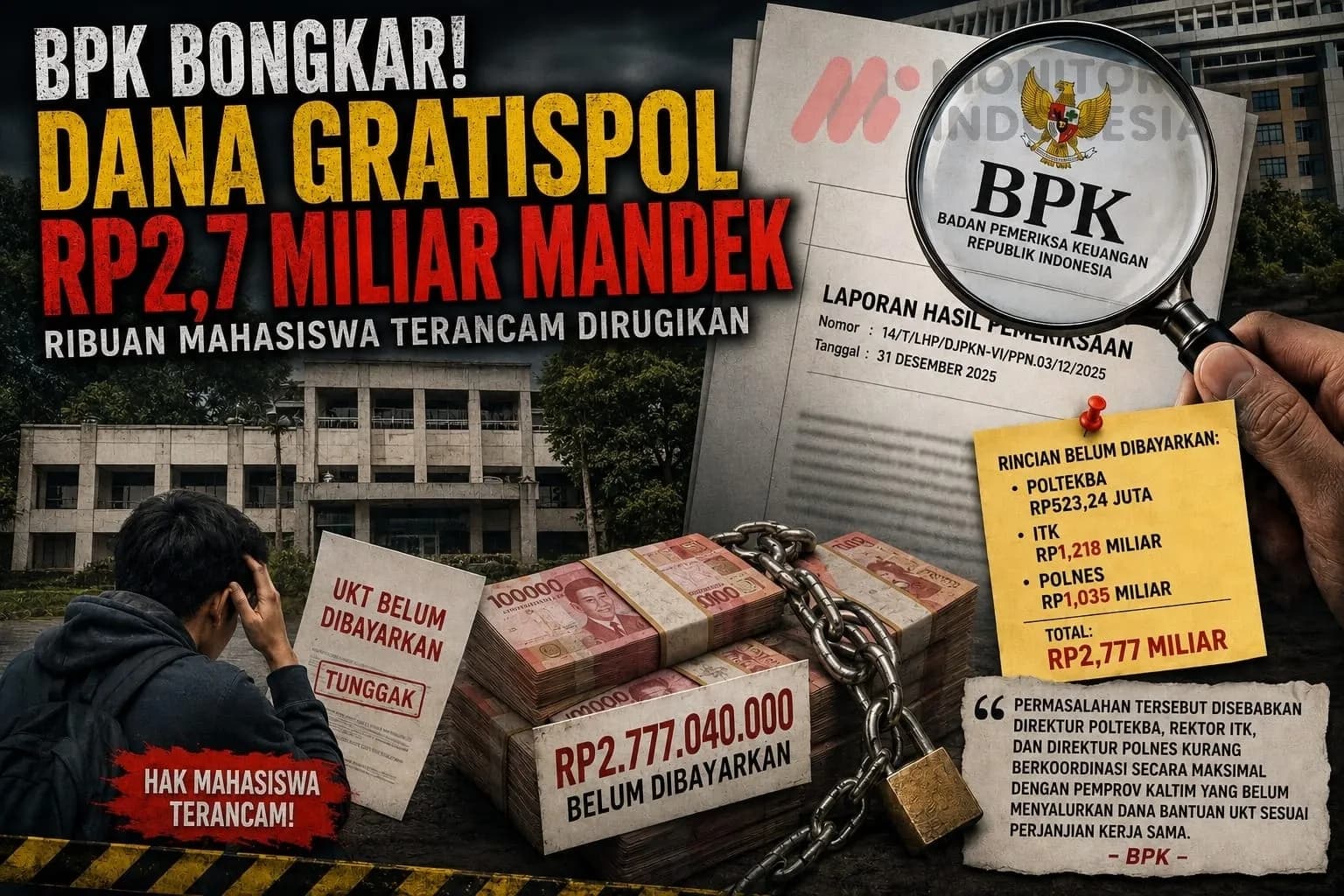 BPK Temukan Dana Kuliah Rp2,7 M Belum Dibayar, Poltekba-ITK-Polnes Terseret