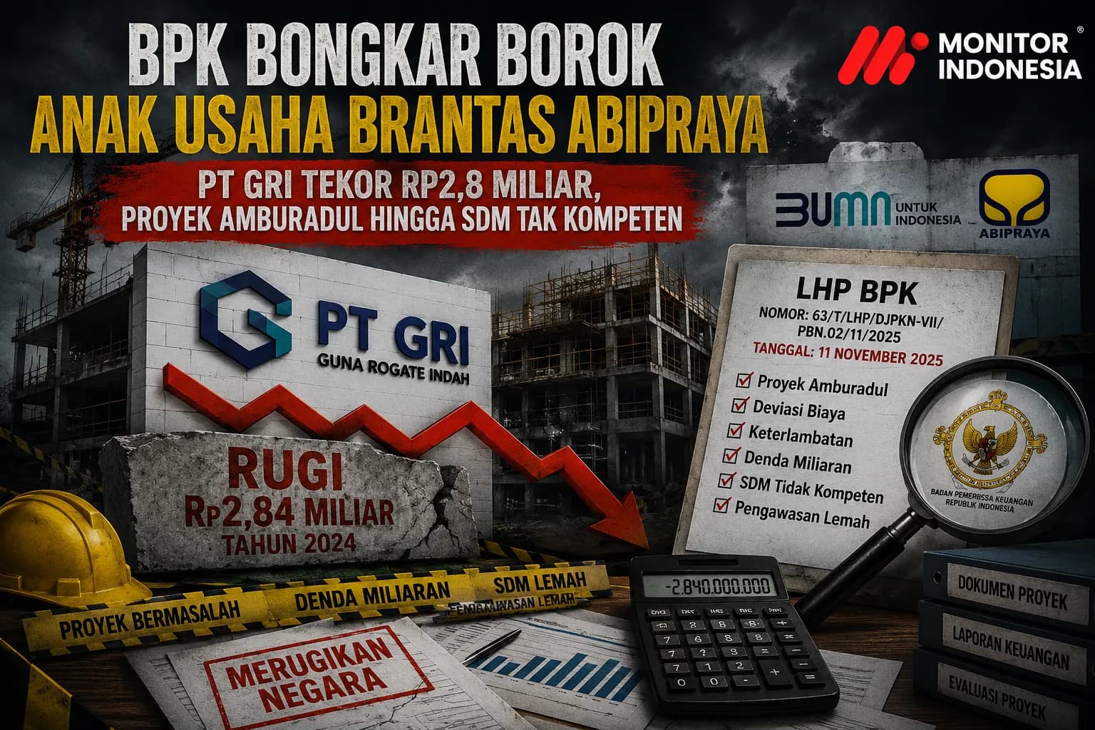 Borok Anak Usaha Brantas Abipraya: PT GRI Tekor Rp2,84 M, Proyek Amburadul hingga SDM Tak Kompeten