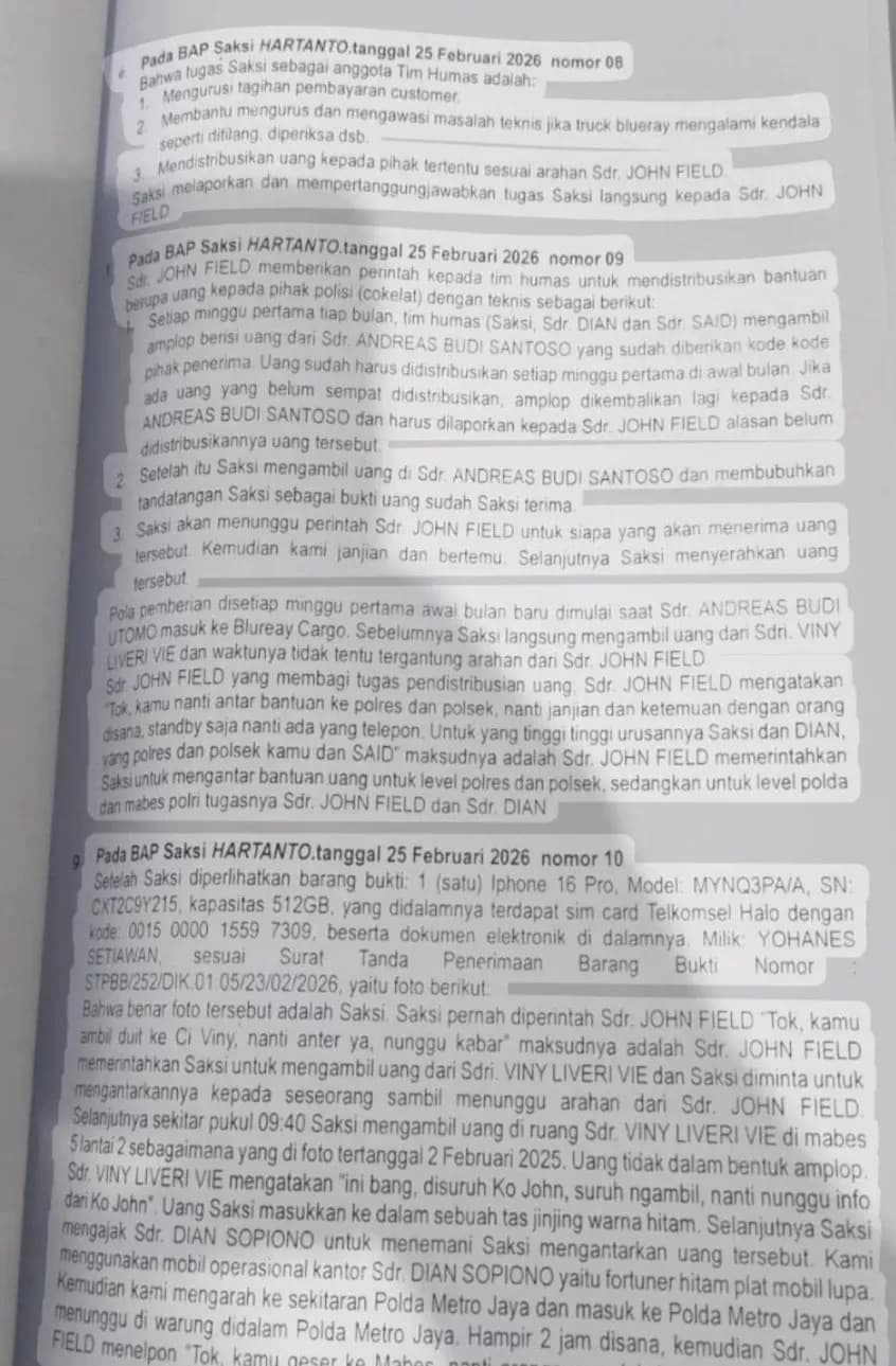 BAP Blueray Cargo Seret Dugaan Setoran ke Oknum Polri, Nama Polres, Polsek hingga Mabes Muncul dalam Kesaksian