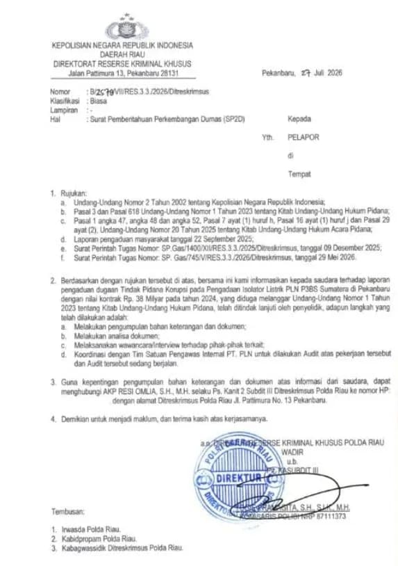 Dugaan Korupsi Isolator PLN Rp38 M Belum Terang, Forkorindo Desak Polda Riau Jangan Biarkan Kasus Mengendap