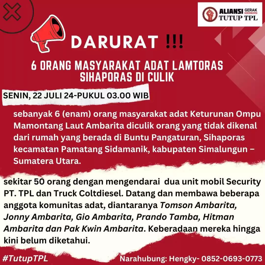 6 Orang Masyarakat Adat Keturunan Ompu Mamontang Laut Ambarita Diculik dari Sihaporas, Pamatang Sidamanik, Kabupaten Simalungun-Sumut