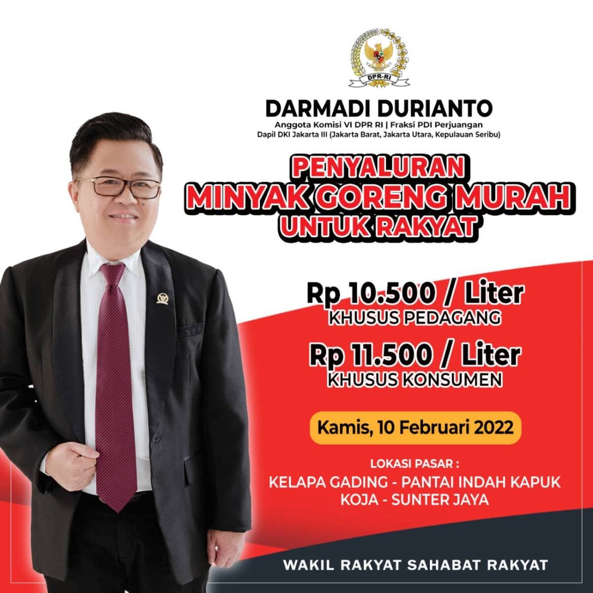 Anggota DPR Salurkan Minyak Goreng Murah ke Sejumlah Pasar di Jakarta
