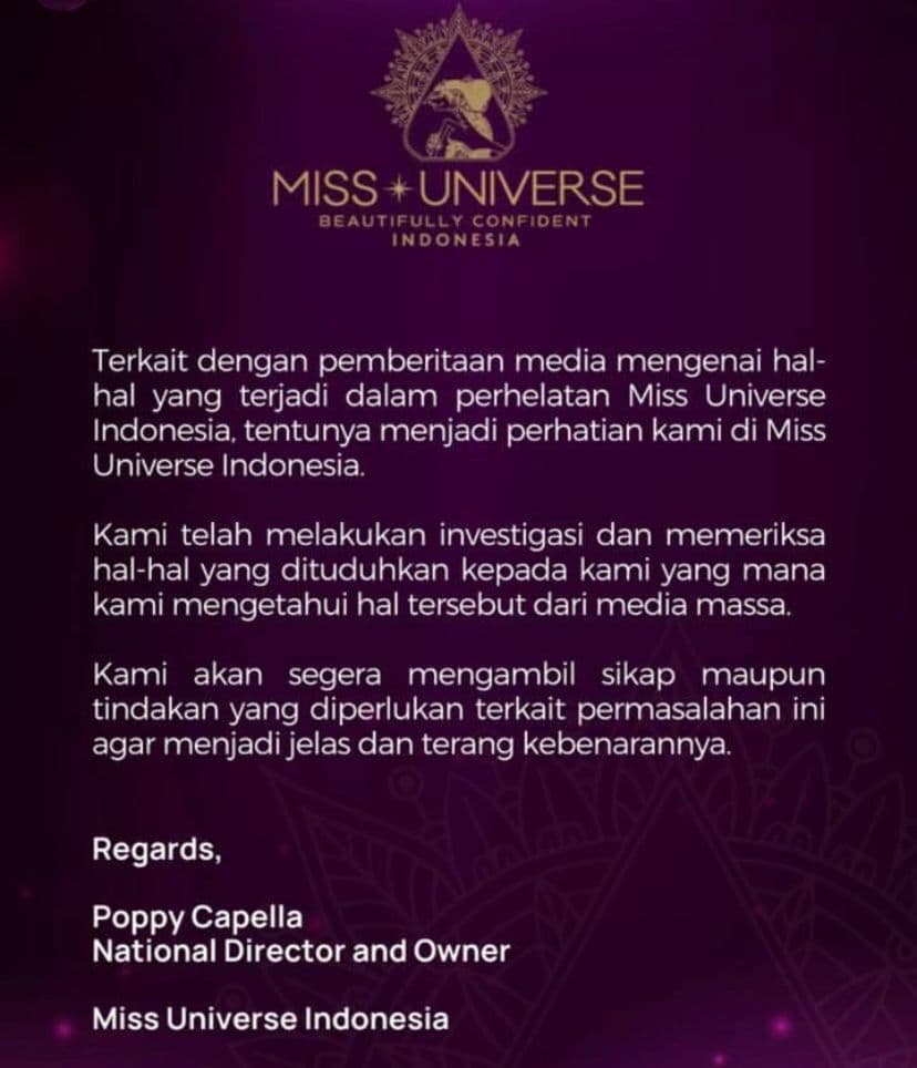 Bos Miss Universe Indonesia Investigasi Kasus Dugaan Pelecehan Seksual