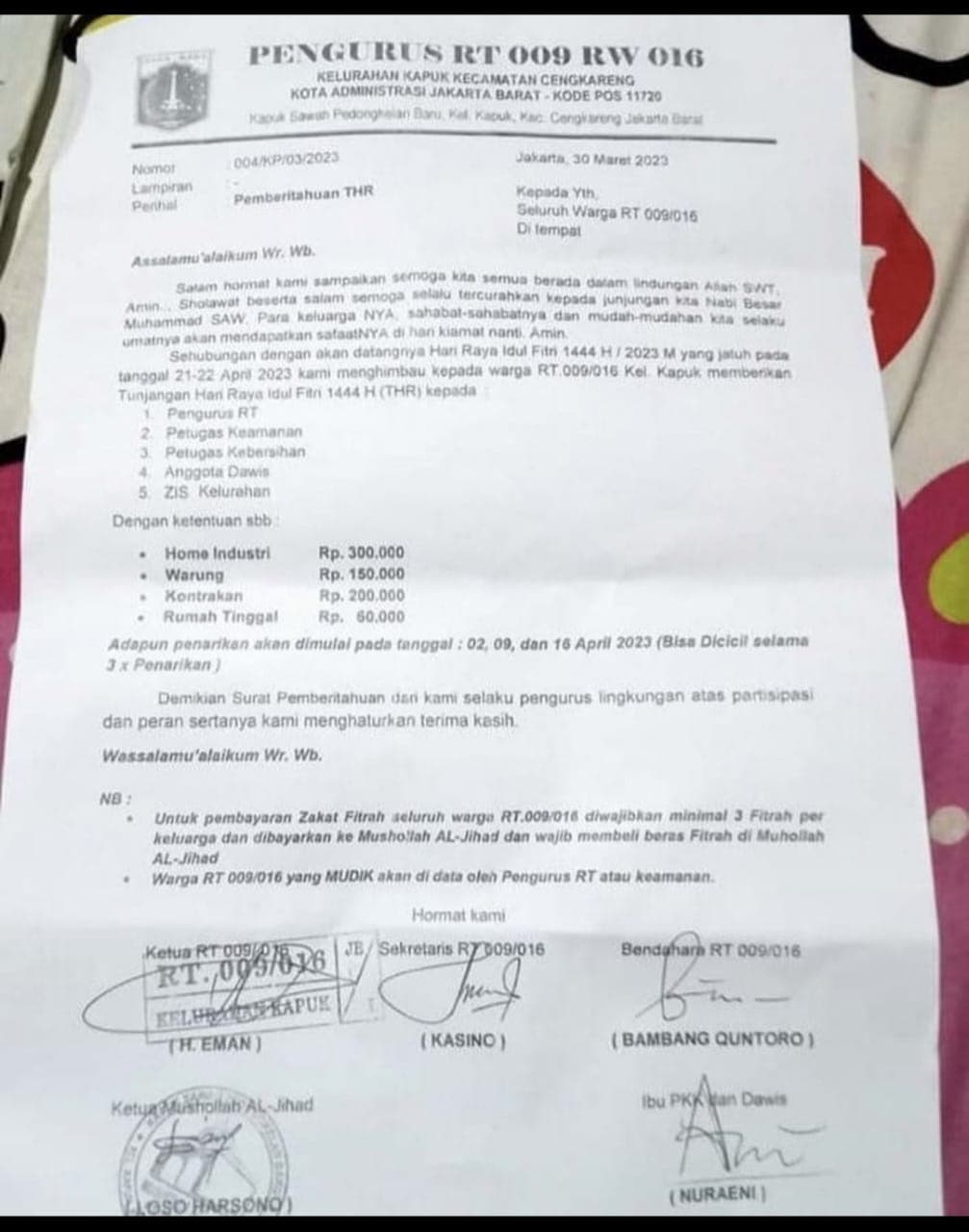Warga Kapuk Cengkareng Diminta Beri THR ke Pengurus RT hingga ZIS Kelurahan