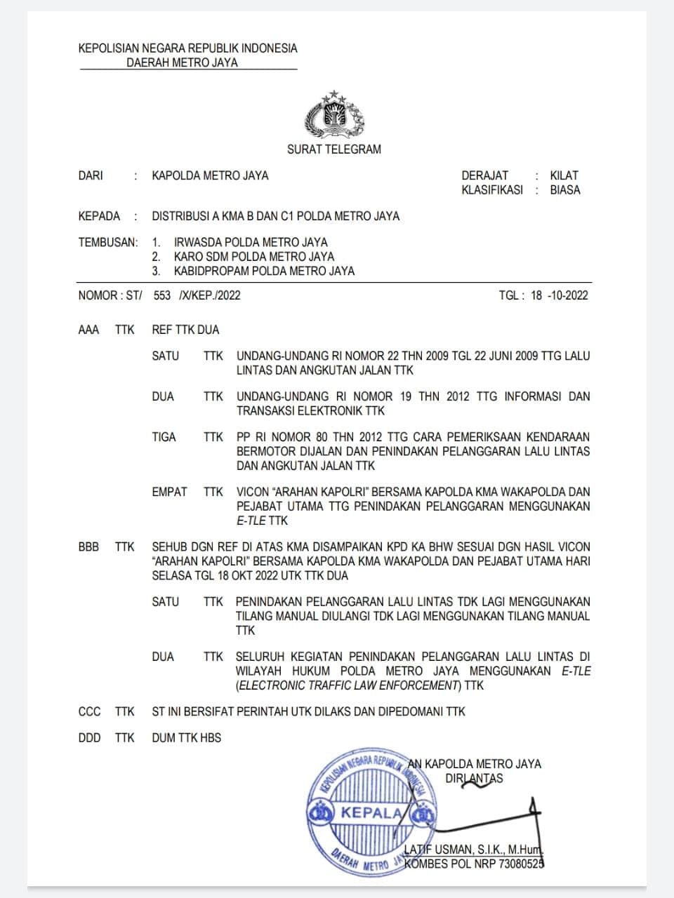 Tilang Manual di Wilayah Polda Metro Jaya Resmi Dihapus