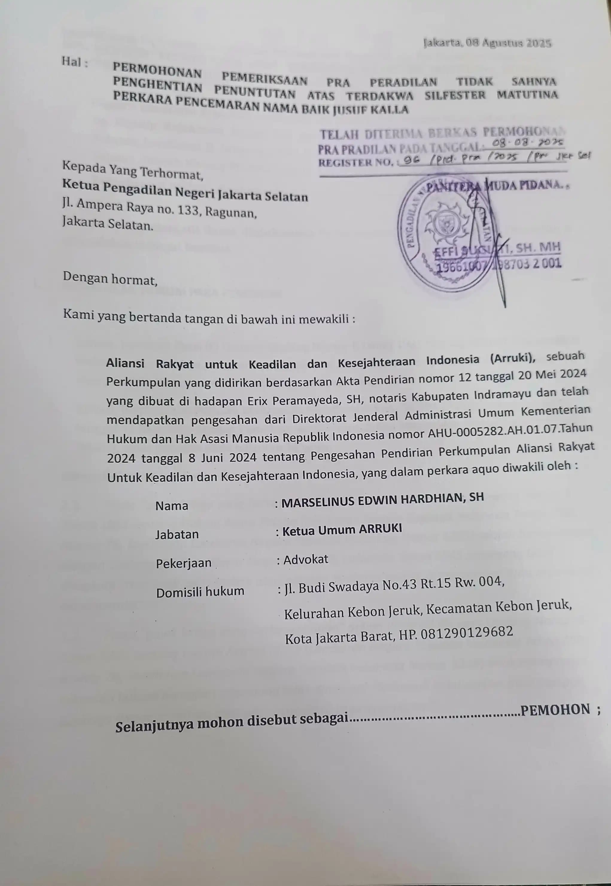 Ajukan Praperadilan, ARRUKI Tuntut Kejaksaan Eksekusi Vonis Silfester 1,5 Tahun Bui