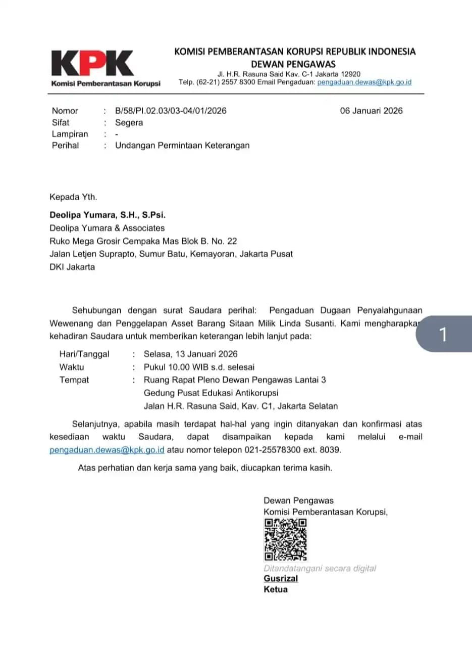 Dewan Pengawas KPK Panggil Deolipa Yumara Terkait Pengaduan Pengelolaan Aset Sitaan