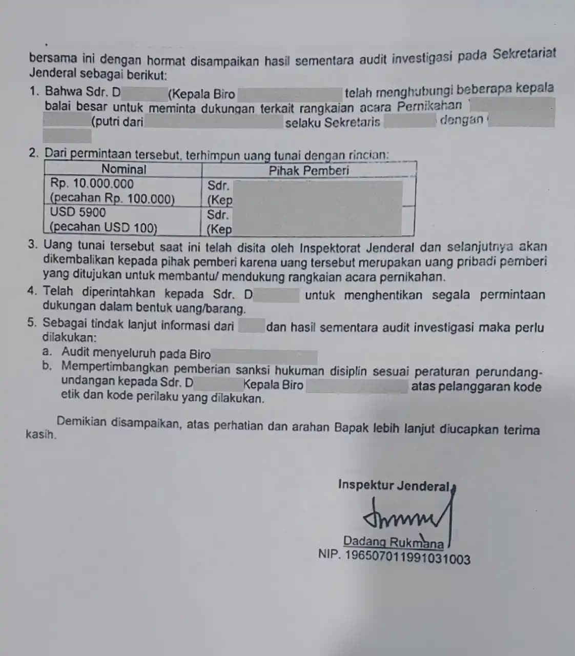 Hasil audit investigasi Irjen PU