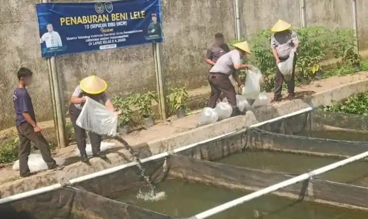 Kasi Giatja bersama jajaran dan WBP saat melakukan penaburan benih lele