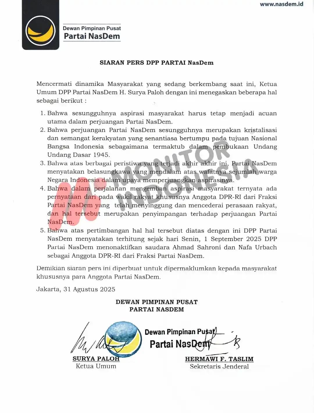 NasDem Pecat Sahroni dan Nafa Urbach
