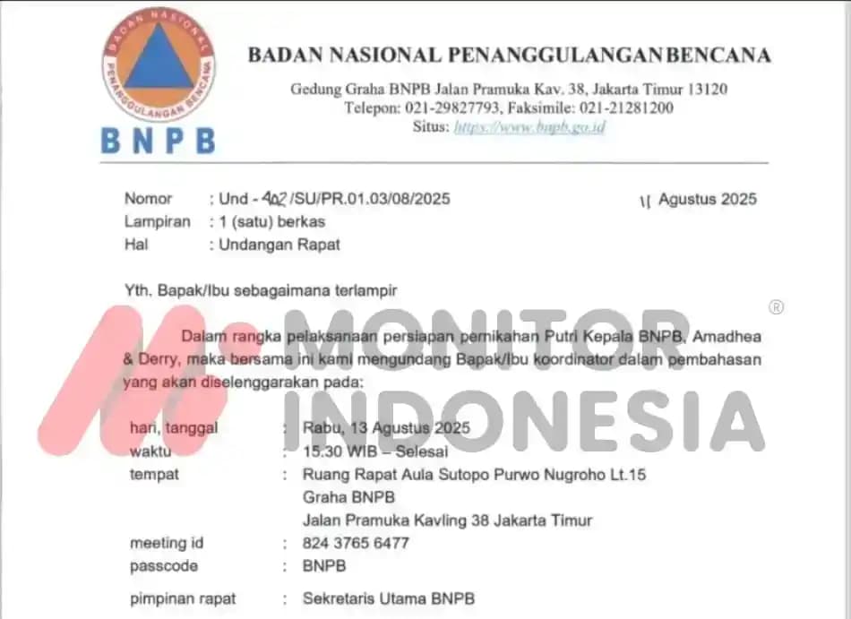Surat Undangan Rapat Persiapan Pernikahan Putri Kepala BNPB