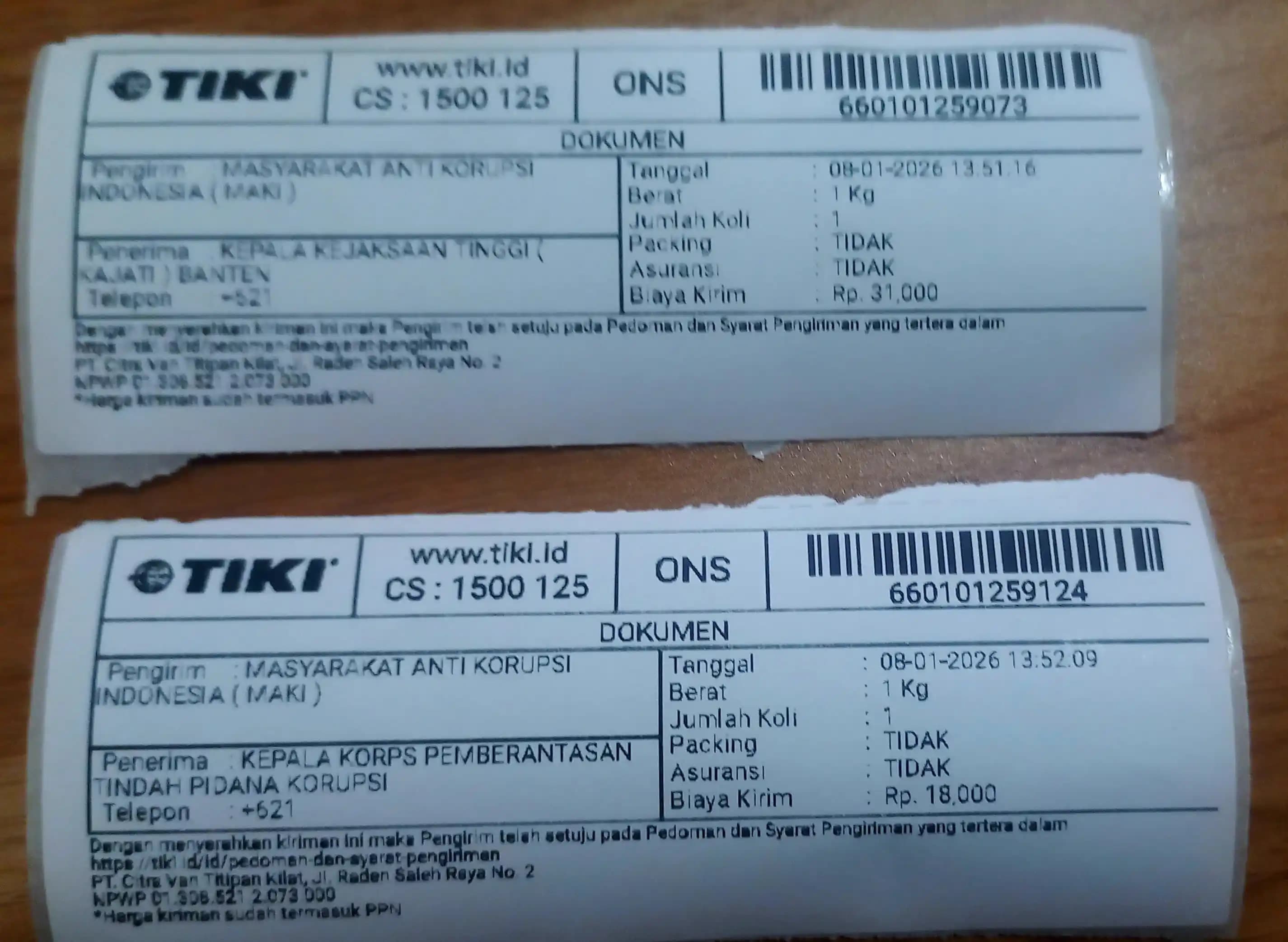 Tanda Terima Surat Maki - Pagar Laut - Kepala Korp Tipidkor. (Dok Istimewa)