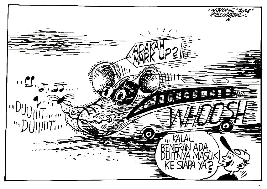 Karikatur - Ilsutrasi - Adakah Mark Up di Whoosh? (Gatot Eko Cahyono)