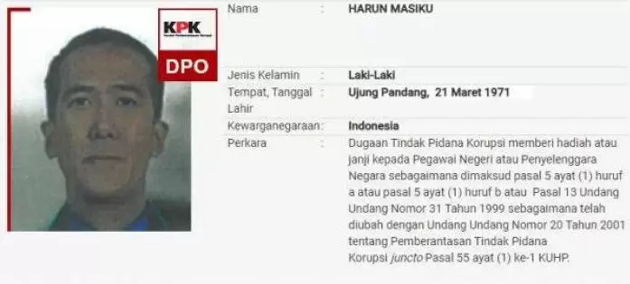 Foto daftar pencarian orang Harun Masiku di webside KPK