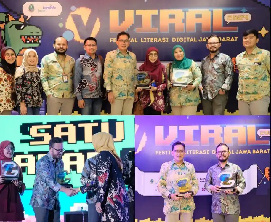 Kepala Diskominfo Kabupaten Bandung, Yosep Nugraha saat menerima dua piala penghargaan sekaligus pada even "Festival Literasi Digital atau VIRAL" dalam rangkaian Satu Data Jabar Award Tahun 2024 yang diselenggarakan di Hotel Aryaduta Kota Bandung, Jawa Barat, Kamis (31/10/2024) malam. (Foto: Istimewa)