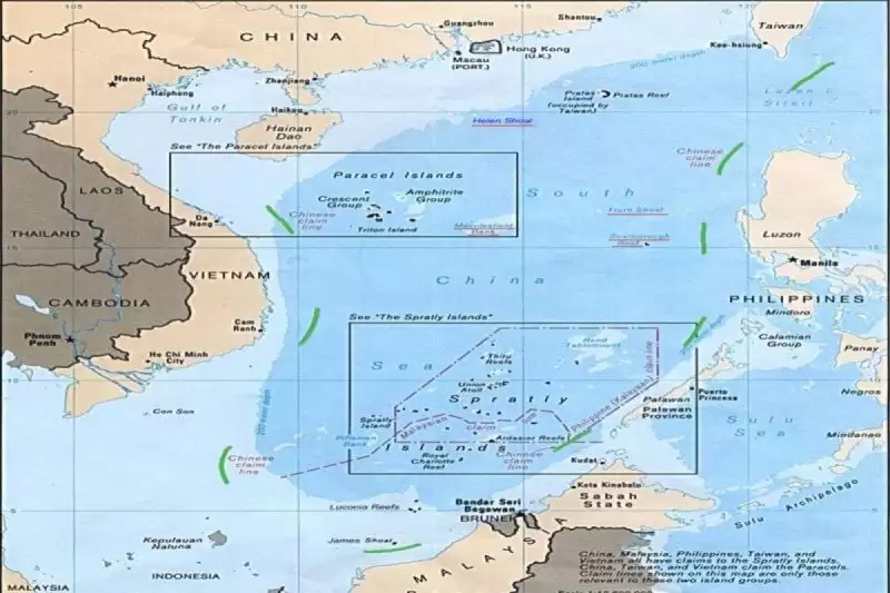 "Sembilan Garis Putus-putus" yang menandakan klaim China di Laut China Selatan, berdasarkan peta yang dibuat CIA pada 1988. (Central Intelligence Agency via Wikipedia)