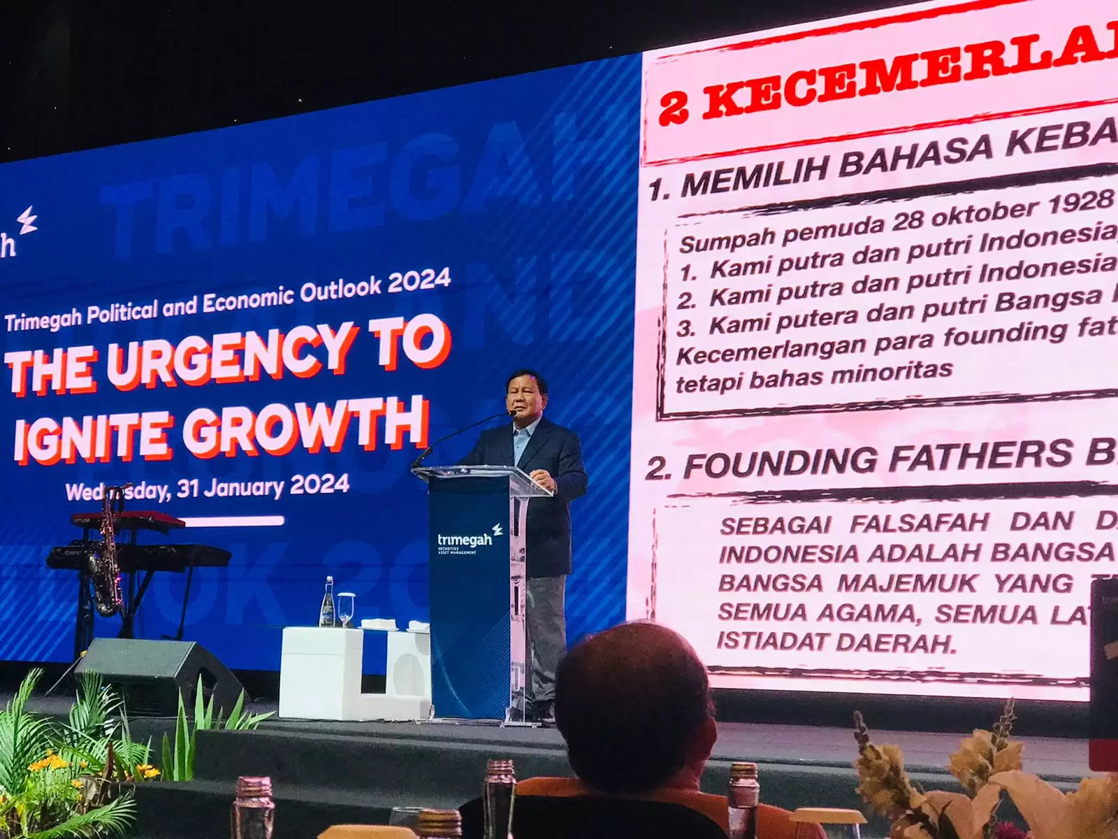Ilustrasi - Trimegah Political and Economics Outlook 2024 The Urgency to Ignite Growth, Prabwowo keynote speaker. (Foto: MI/Zefry)