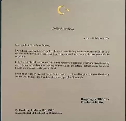 Dapat Ucapan Selamat, Prabowo Dipanggil Brother oleh Erdogan