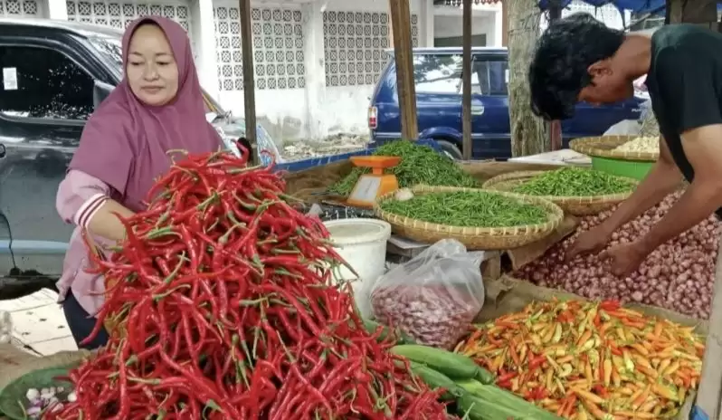 Penjual cabai di salah satu pasar di Pekanbaru yang harganya terus mengalami penurunan dibanding sejak awal puasa yang sempat menyentuh Rp140 ribu per kg. (Foto: ANTARA)