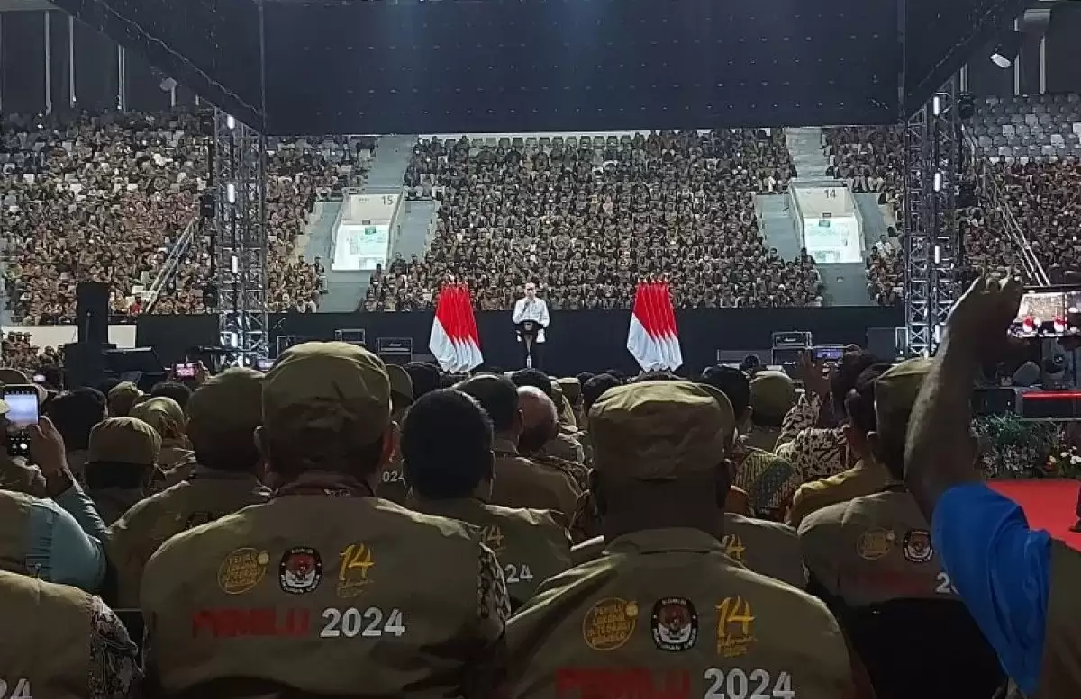 Presiden Joko Widodo saat menyampaikan arahan kepada petugas Komisi Pemilihan Umum (KPU) dalam agenda Rapat Konsolidasi Nasional 2023 Dalam Rangka Kesiapan Pemilu 2024 (Foto: Antara)