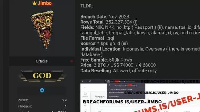 Tangkapan layar peretas Jimbo diduga mencuri data KPU dan menjualnya di BreachForums (Foto: Ist)