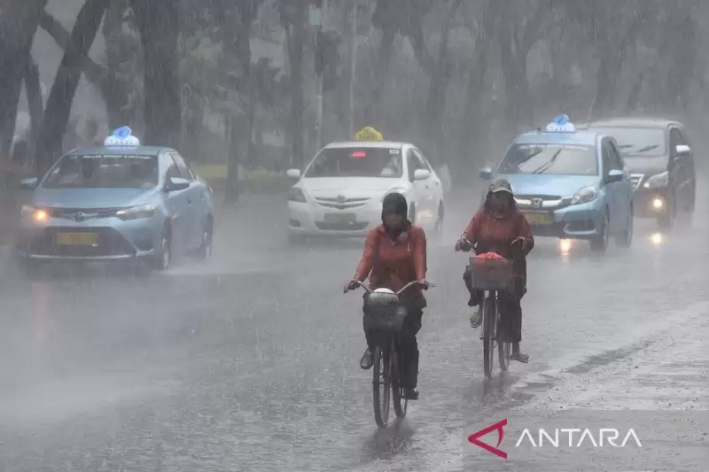 Dua warga menaiki sepeda menembus hujan di Jalan Merdeka Selatan, Jakarta. (Foto: ANTARA)