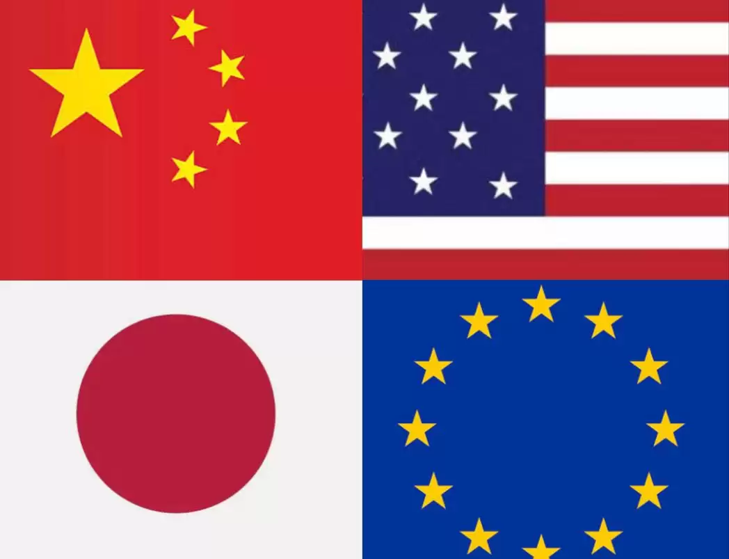 Ilustrasi - Bendera China, Amerika Serikat, Jepang dan Uni Eropa. (Foto:MI/Zefry)