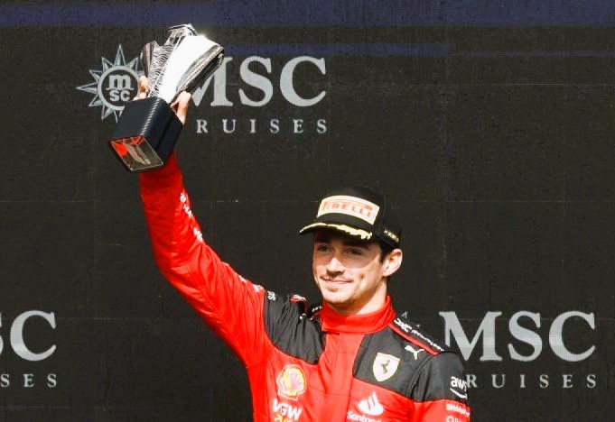 Pembalap Ferrari Charles Leclerc merayakan podium GP Belgia di Sirkuit Spa-Francorchamps pada Minggu (30/7/2023). (Foto: ANTARA)