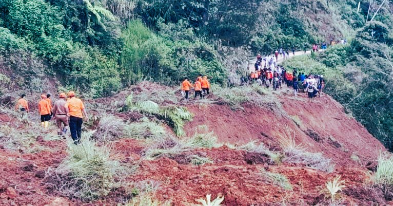 Kondisi terdampak tanah longsor di Jalan Poros Desa Bonglo, Kecamatan Bastem Utara, Kabupaten Luwu, Sulawesi Selatan, Senin (26/2/2024). (Foto: ANTARA)