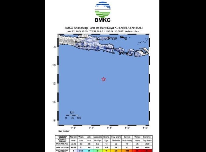 Peta pusat gempa magnitudo 5,6 di Samudera Hindia selatan Bali, Sabtu (27/1/2024). (Foto: ANTARA)