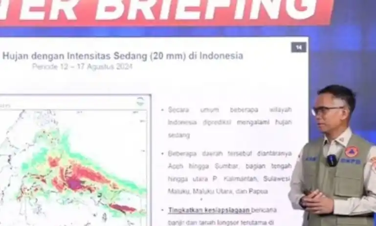 Kepala Pusat Data, Informasi dan Komunikasi Kebencanaan BNPB Abdul Muhari menjelaskan kondisi cuaca. (Foto: Antara)