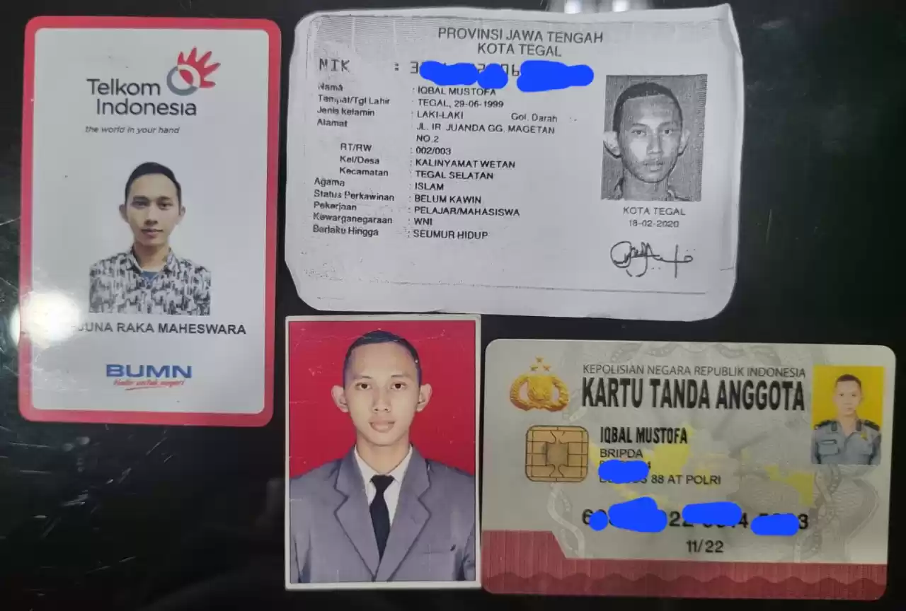 ID Card PT Telkom Indonesia, Foto Copy KTP dan KTA Anggota Densus 88 AT Polri, Bripda Iqbal Mustofa (Foto: Dok MI)