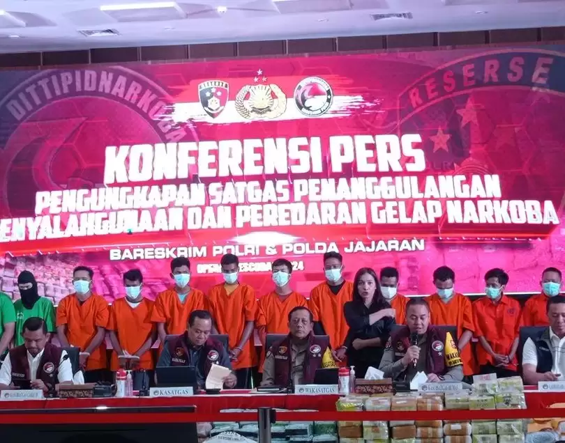 Konferensi pers pengungkapan kasus narkoba di Bareskrim Polri, Jakarta, Rabu (13/3/2024).