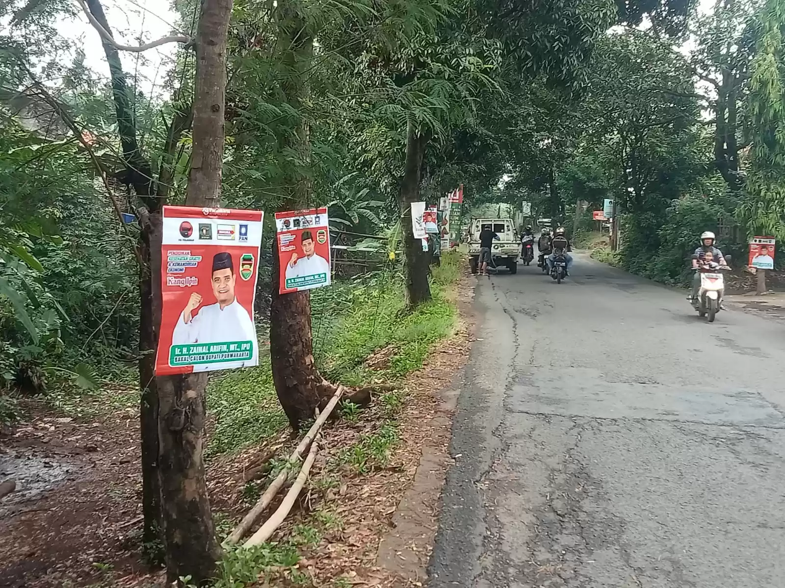 Banner calon bupati Purwakarta, Zainal Arifin terpasang di pohon samping jalan raya (Foto: Dok MI/Koswara)