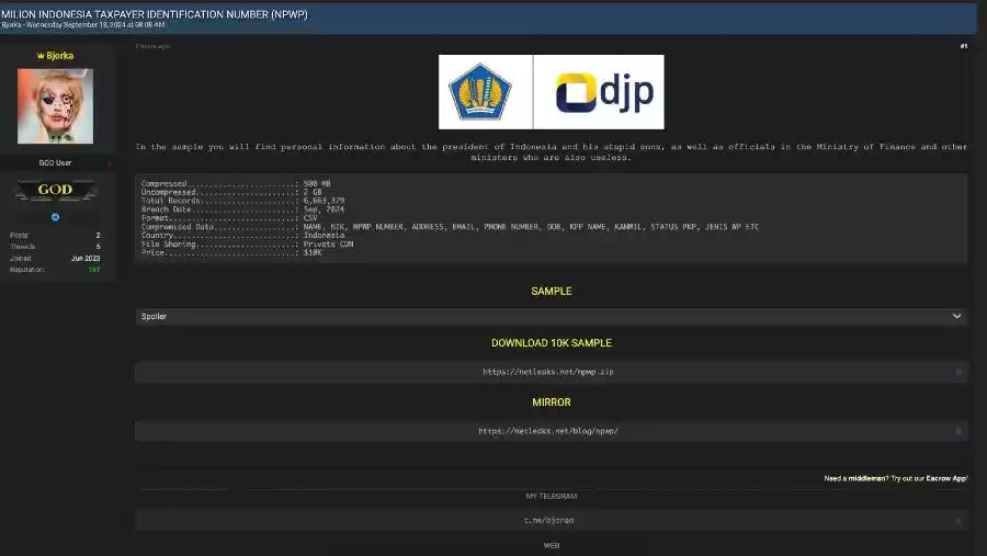 Indentifikasi sebuah akun di forum dark web jual 6 juta data NPWP dll Indonesia, ada Jokowi. (Dok: Tangkapan Layar