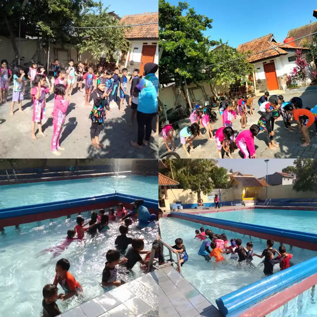 Murid SDN 268 Panyileukan, Kota Bandung, Jawa Barat saat melakukan olahraga pemanasan bersama di area Kolam Renang Mitra. (Foto: Istimewa).