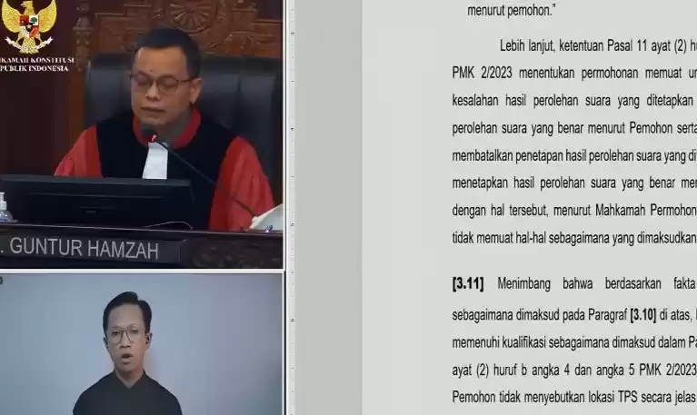 Hakim Konstitusi M. Guntur Hamzah membacakan pertimbangan MK dalam sidang dengan agenda keputusan untuk perkara PHPU Pileg 2024. (Foto: Antara)