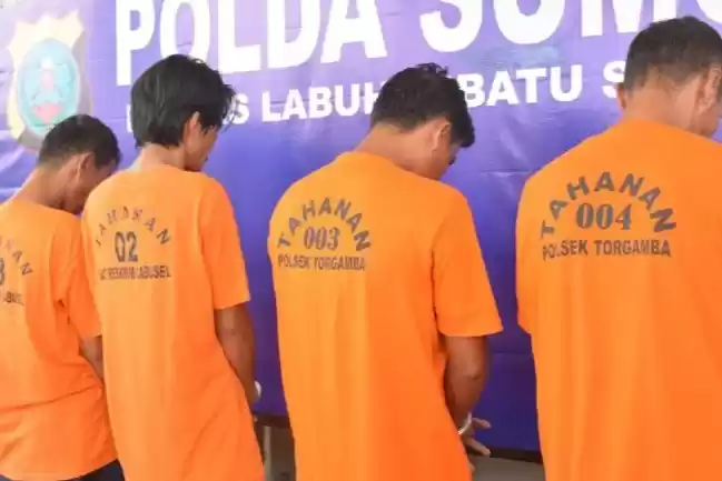 Polres Labuhanbatu Selatan menangkap terduga sindikat pencurian dump truk antarprovinsi. (Foto: Antara)