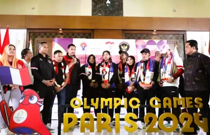 Atlet Indonesia yang menjadi peserta Olimpiade Paris 2024 di Bandara Internasional Soekarno-Hatta, Banten. (Foto: Antara)