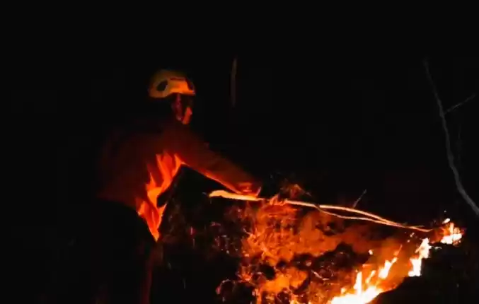 Petugas saat berupaya membatasi pergerakan api agar kebakaran hutan tidak terus meluas. (Foto: Antara)