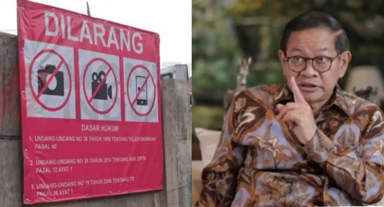 Gubernur DKI Jakarta, Pramono Anung (kanan) dan Informasi berupa ancaman pidana bagi yang mendokumentasi proyek pembangunan Waduk Cilangkap Giri Kencana, Cipayung Jakarta Timur  (Foto: Kolase MI)